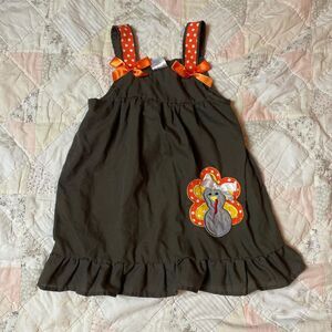 vintage y2k girls thanksgiving brown and orange dress turkey and bows medium